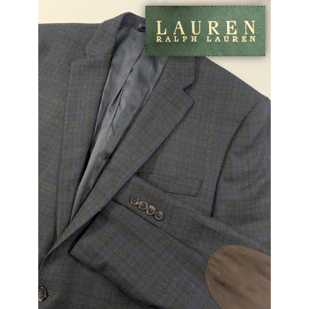 Ralph Lauren Blazer Sports Coat Wool Glenn Plaid Blue Gray Suit‎ Jacket 46R  50"
